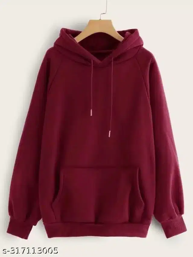 Fleece Solid Full Sleeves Hooded Sweatshirt for Women (Maroon, S)