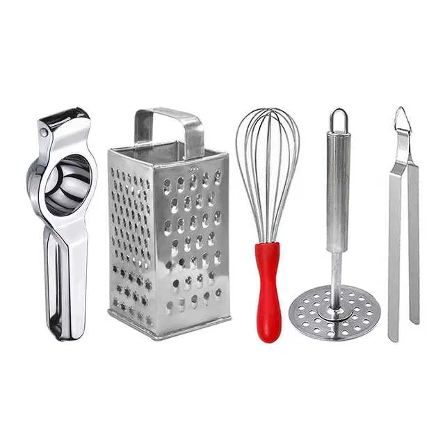 Oc9 Stainless Steel Lemon Squeezer & 4 in 1 Grater Or Slicer & Egg Whisk & Potato Masher & Roti Chimta Kitchen Tool Set, O-154