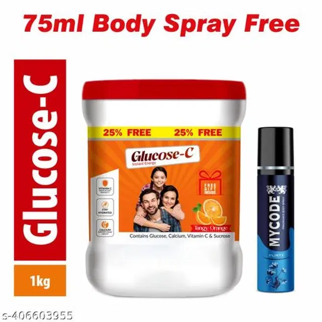 Glucose -C Orange Flavour Energy Powder, 1000 g with MYCODE Flirty Body Spray, 75 ml, Set of 2
