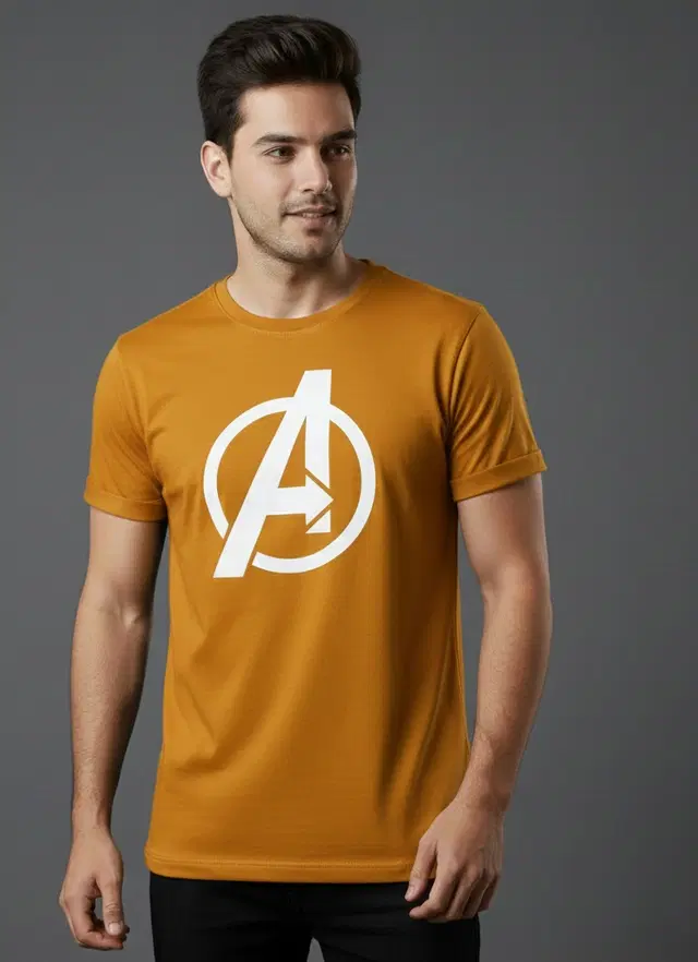Cottont Blend  Printed T-shirt For Men, Mustard (S)