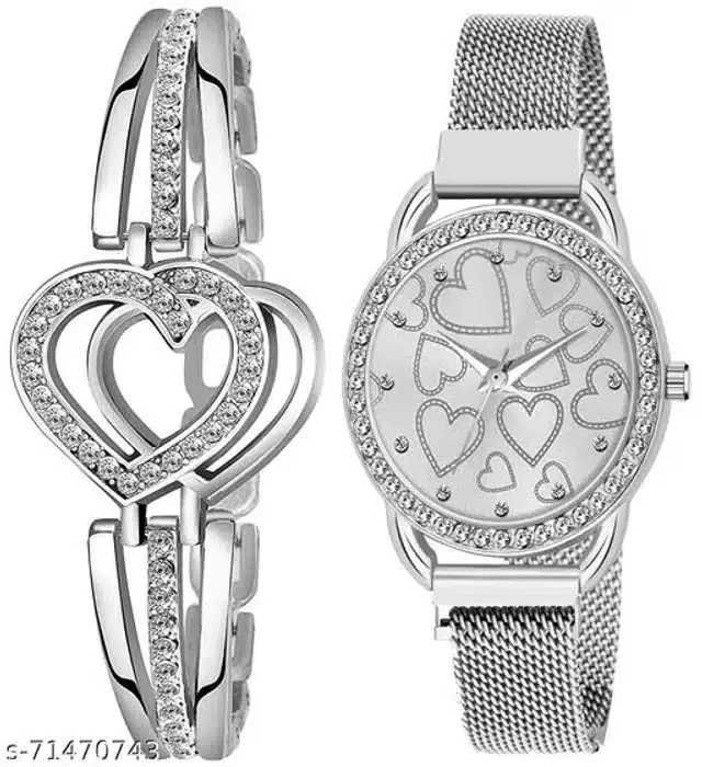 Analog Watch with Bracelet for Women, Set of 2 (Multicolor)