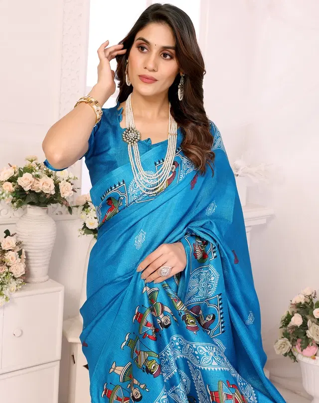 Printed Kalamkari Assam Art Silk Saree with Blouse for Women (Blue, Free Size)