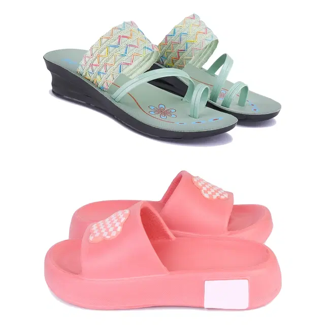 Combo of Sandals & Sliders for Women, Pack of 2 (Mint Green & Peach, 5)