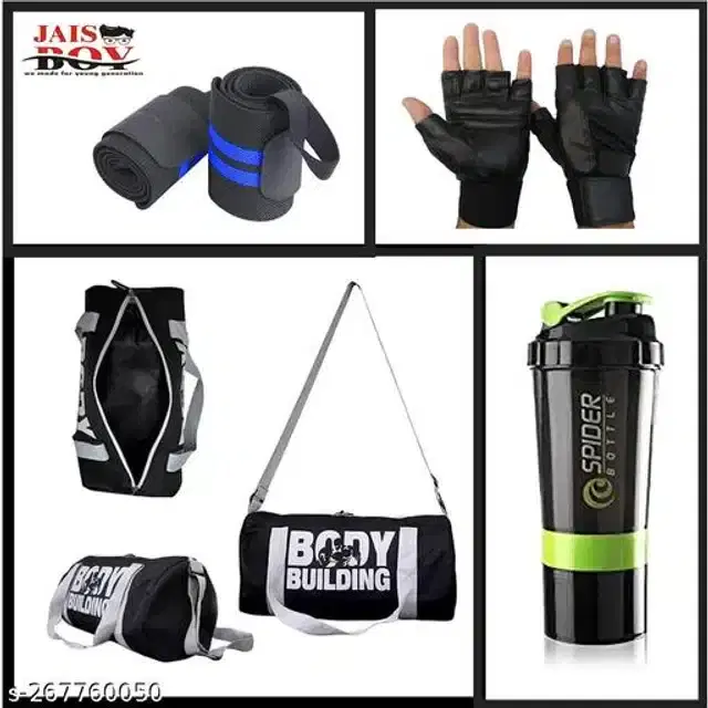 Combo of Gym Bag with Shaker Bottle, 400 ml, Gloves & Wrist Support Bands, Multicolor, Set of 4