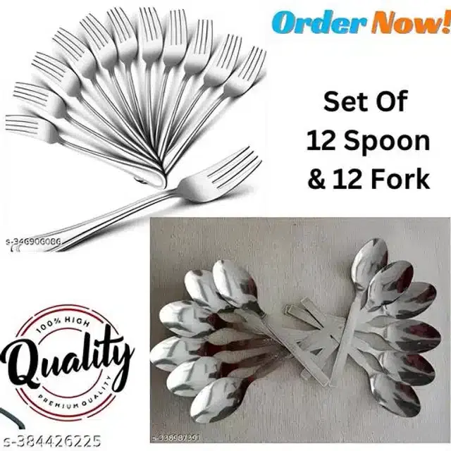 Stainless Steel 12 Pcs Spoons with 12 Pcs Forks, Silver, Set of 2