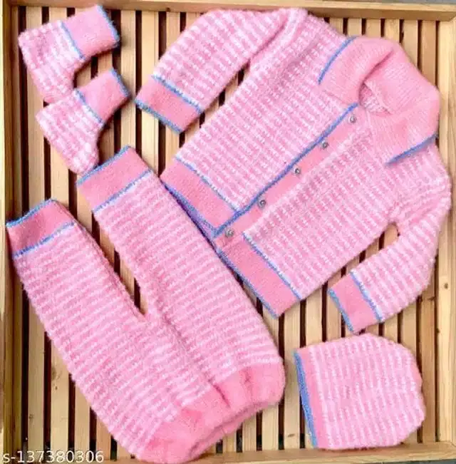 Woolen Sweater with Pajama & Cap with Socks Set for Newborn Baby, Set of 1 (Pink, 6-9 Months)