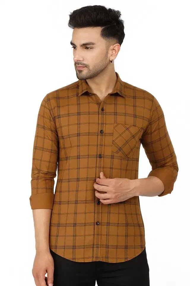 Cotton Full Sleeves Shirt for Men (Brown, XL)
