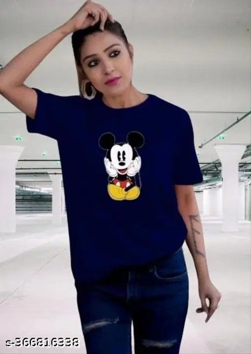 Polyester Printed T-Shirt for Women, Navy Blue (S)