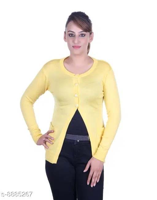 Acrylic Solid Sweater for Women (Yellow, L)