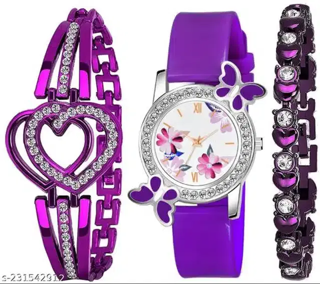 Analog Watch with 2 Pcs Braeclet for Women, Set of 3 (Multicolor)