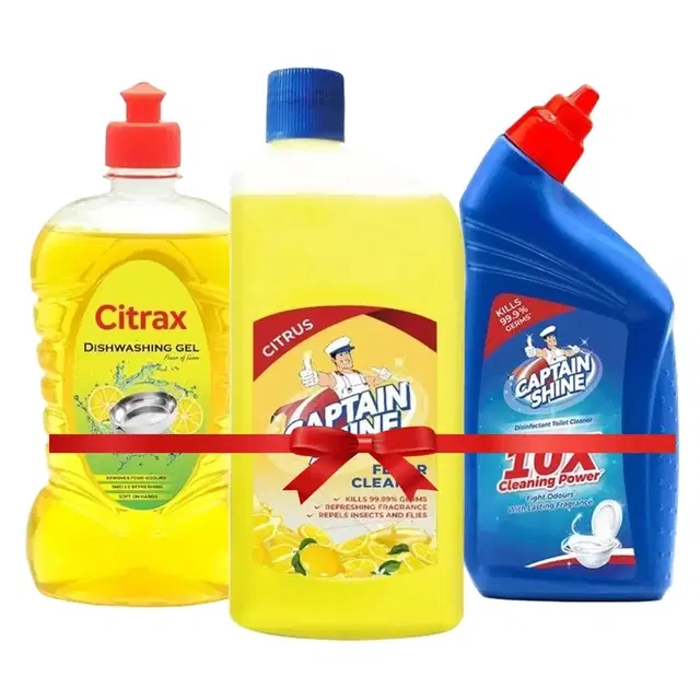Captain Shine Disinfectant Floor Cleaner 500 ml (Citrus) + Captain Shine Disinfectant Toilet Cleaner 500 ml + Citrax Dishwash Gel 500 ml (Bottle)