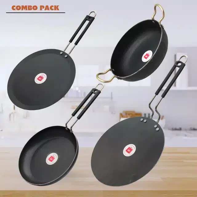 Frying Pan & Tawa Set, Pack of 4, Black, 1200 ml