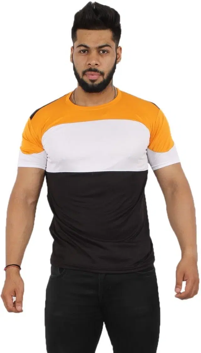Polyester Colorblocked T-Shirt for Men, Yellow (L)