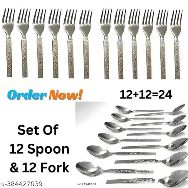 Stainless Steel 12 Pcs Spoons with 12 Pcs Forks, Silver, Set of 2