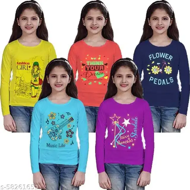 Cotton Full Sleeves T-Shirt for Girls, Pack of 5 (Multicolor, 2-3 Years)