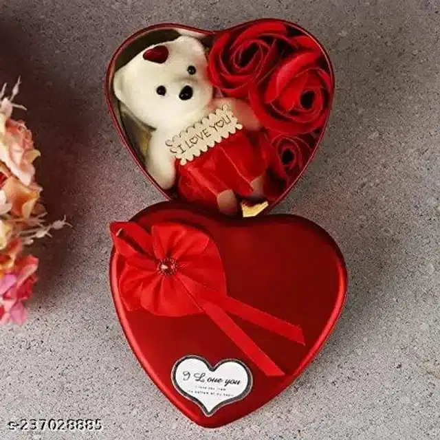 Cotton Teddy Bear with Heart Shape Box Gift, Red & White