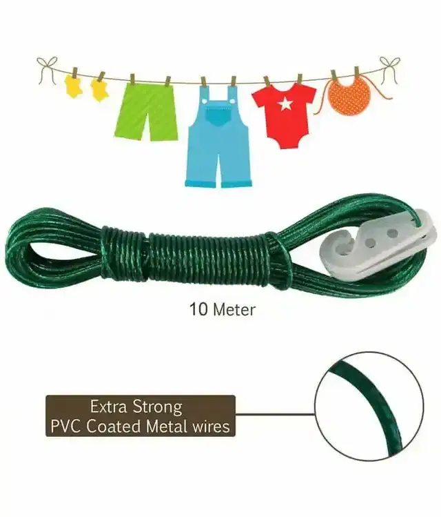 Aravi Pvc Coated Steel Anti-Rust Cloth Drying Wire Rope With 2 Plastic Hooks, Multicolor