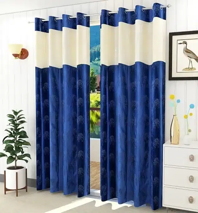 Polyester Patch Worked Window & Door Curtains, Pack of 2, Blue, 5 feet