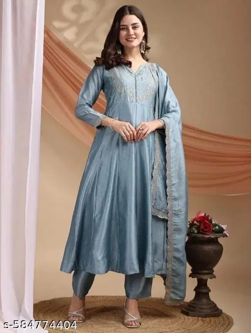Solid Vichitra Silk Kurta Set for Women (Aqua Blue, M)