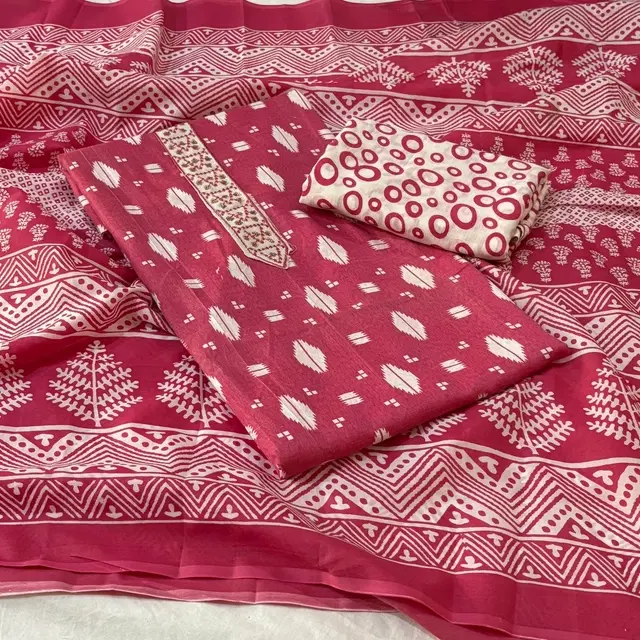 100% Cotton Print with Neck Thread Embroidery Unstitched Suit, Red (Free Size)