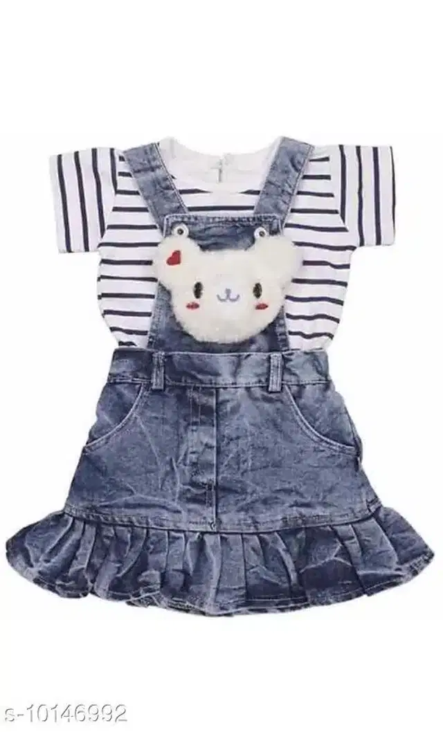 Dungaree with Top for Girls (White & Blue, 0-3 Months)