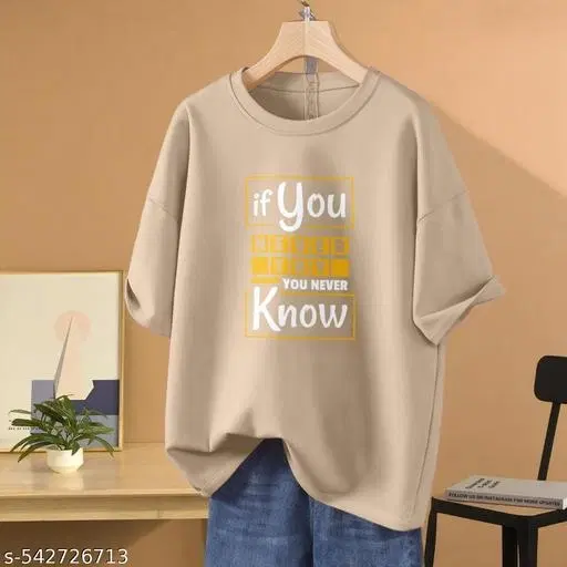 Cotton Blend Printed T-Shirt for Women, Beige (XXS)