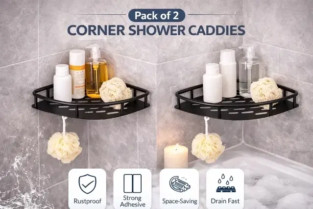 Pack of 2 Wall Mounted Shower Caddy Shelf No Drilling Storage Basket for Washroom Triangle