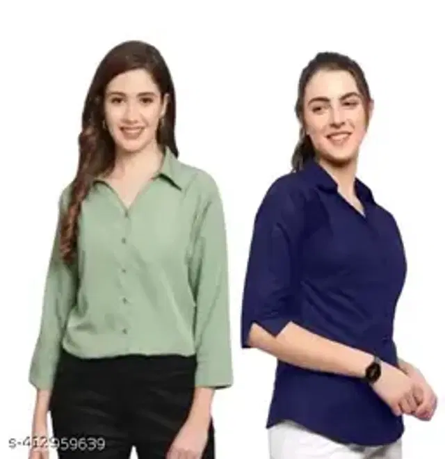 Three-Quarter Sleeves Solid Shirt for Women, Pack of 2 (Mint Green & Royal Blue, S)