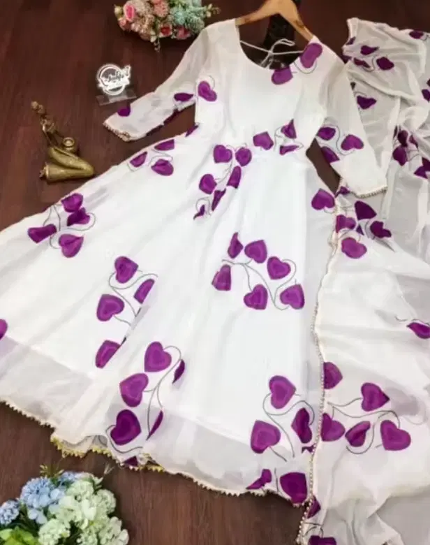 Georgette Printed Gown with Dupatta for Women (White & Purple, S)
