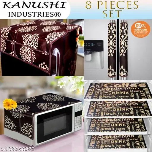 KANUSHI Industries® Fridge/Refrigerator Cove + 1 Pc microwave cover + 2 Pc handle cover + 4 pc Fridge Mats(FRI+MICRO+2-HDL-BROWN-FLORAL+M-26-04)