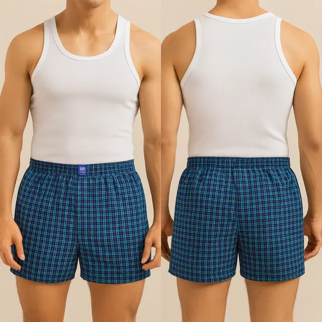 Polycotton Checkered Boxer for Men, Blue (XL)