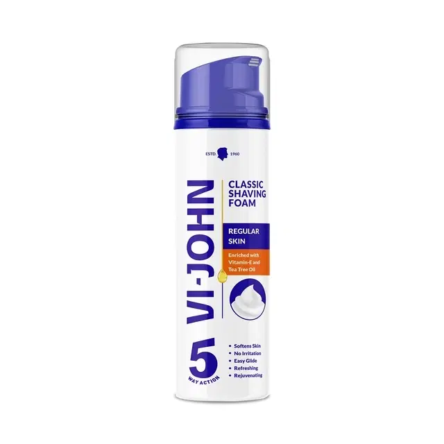 VI-JOHN Classic Regular Skin Vitamin E Enriched 5 Way Action Shaving Foam for Men 200 ml