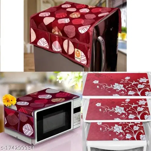 KANUSHI Industries® 1 Pc Fridge Covers / Refrigerator Cover + 1 Pc Microwave/Oven Cover Top + 3 Fridge Mats (Color- Maroon)(FRI+MICRO-MAROON-LONG-LEVS+M-25)