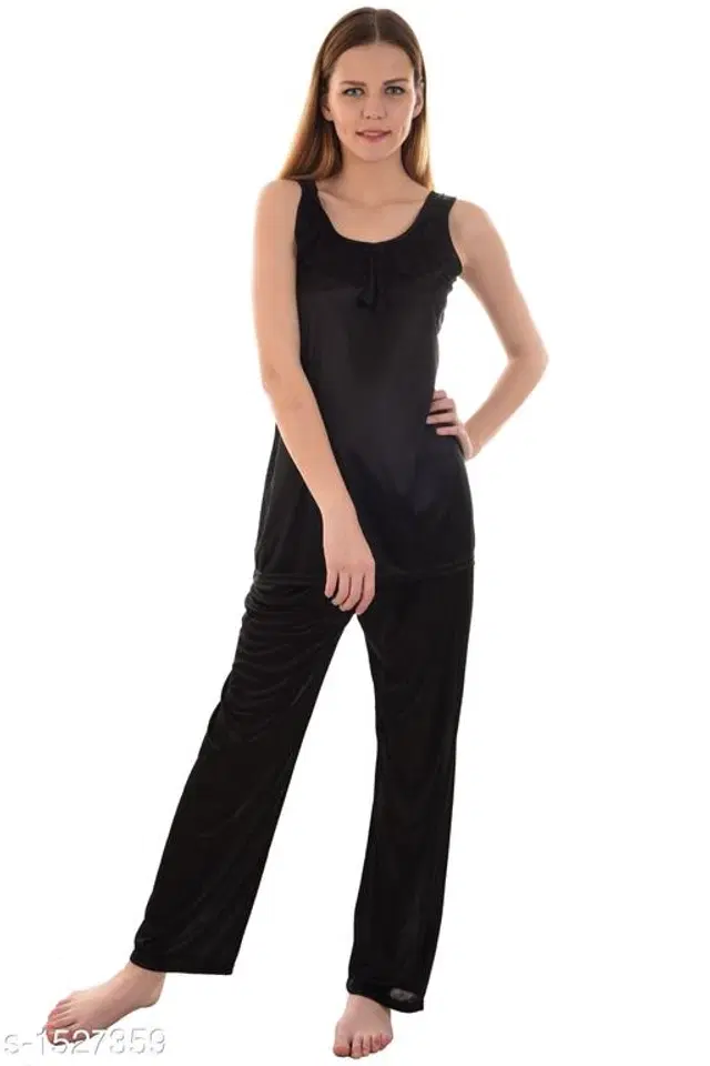 Satin Nightsuit Set for Women (Black, M)