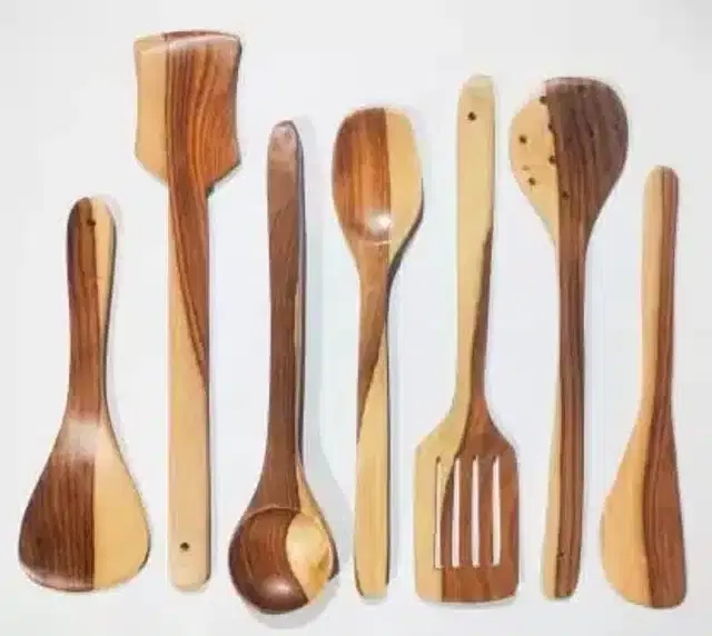 Handmade Wooden Non Stick Serving & Cooking Spoon Set, Brown, Pack of 7
