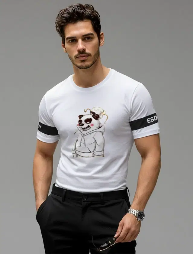 Polyester Printed T-shirt for Men, White (M)