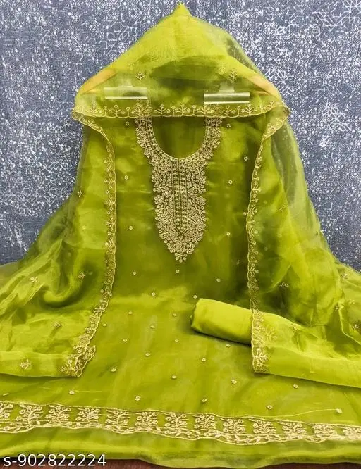 Organza Embroidered Patiala Suits for Women (Green, Un Stitched)
