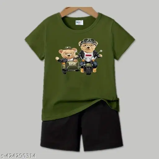 Cotton Blend Printed Clothing Set for Boys, Olive & red (0-1 Months)