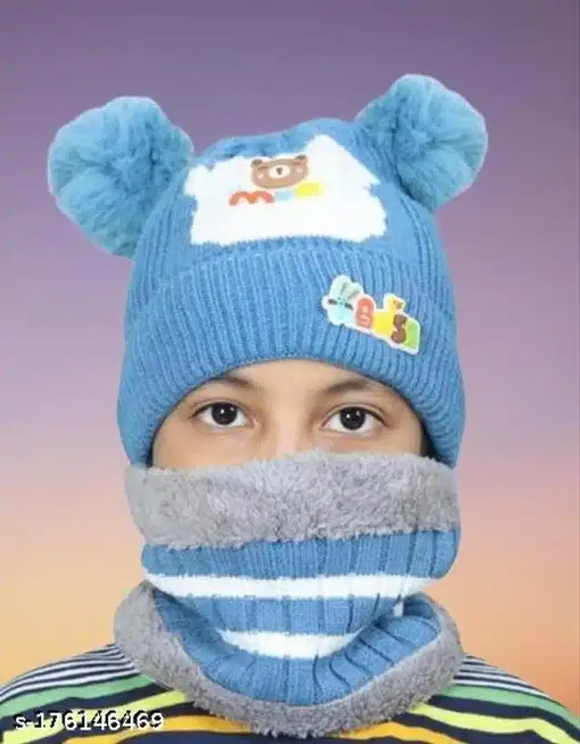 Woolen Winter Beanie Cap with Neck Warmer for Kids (Sky Blue & Grey, 2-7 Years)