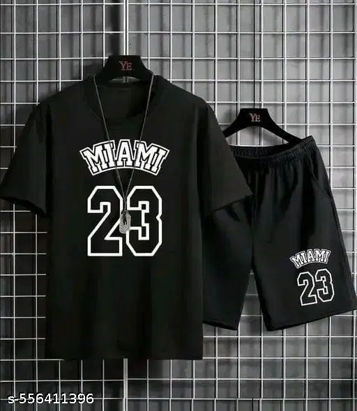 Cotton Blend Printed Top & Bottom Set for Men, Black (M)