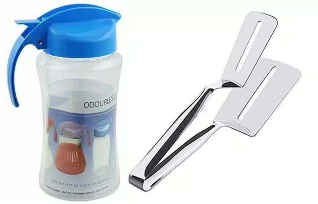 Plastic Leak Proof Oil Storage Container, 1000 ml with Tong, Multicolor, Set of 2