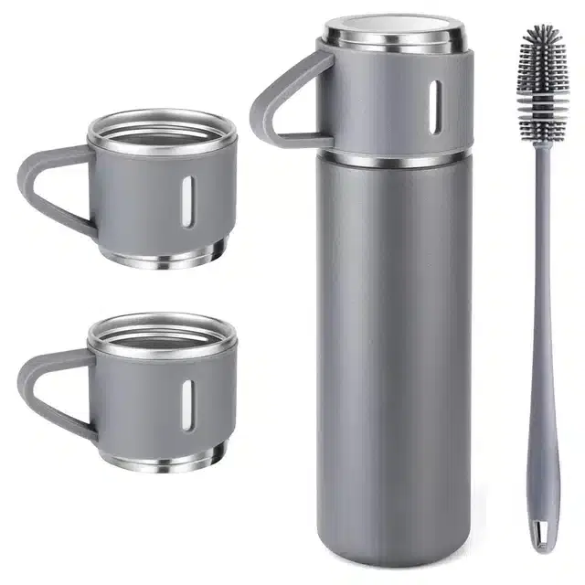 Stainless Steel Water Bottle with 3 Cups & 1 Silicon Brush, Grey, 500 ml, Set of 5