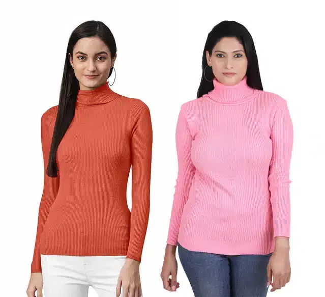 Full Sleeves High Neck Sweater for Women, Pack of 2 (Orange & Pink, S)