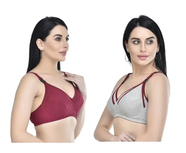 Cotton Blend Solid Non Padded Feeding Bras for Women, Pack of 2 (Multicolor, 32)