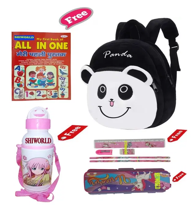 Combo of Kids Cartoon Bag Backpack, All In One Book, Water Bottle & Gift Set Geometry Set, Multicolor, Set of 1