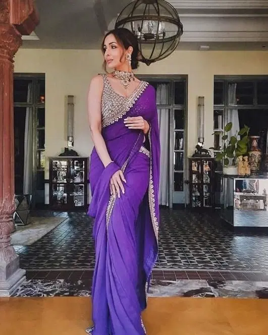 Georgette Solid Saree for Women, Purple (6.3 m)