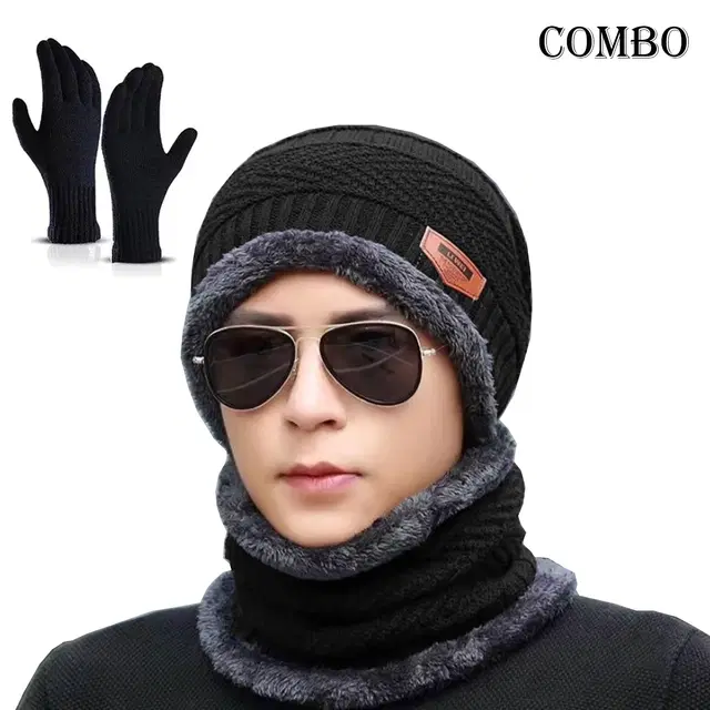 Woolen Cap with Neck Warmer & Gloves for Men & Women, Set of 2 (Black)