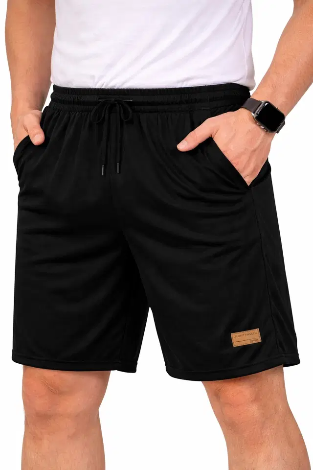 Polycotton Athletic Shorts for Men ,Black (L)