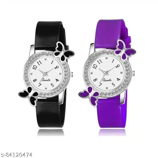 Analog Watch for Women, Pack of 2 (Purple & Black)