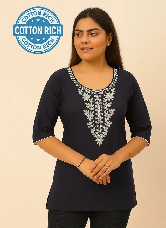 Cotton Embroidered Short Kurti for Women, Navy Blue (S)